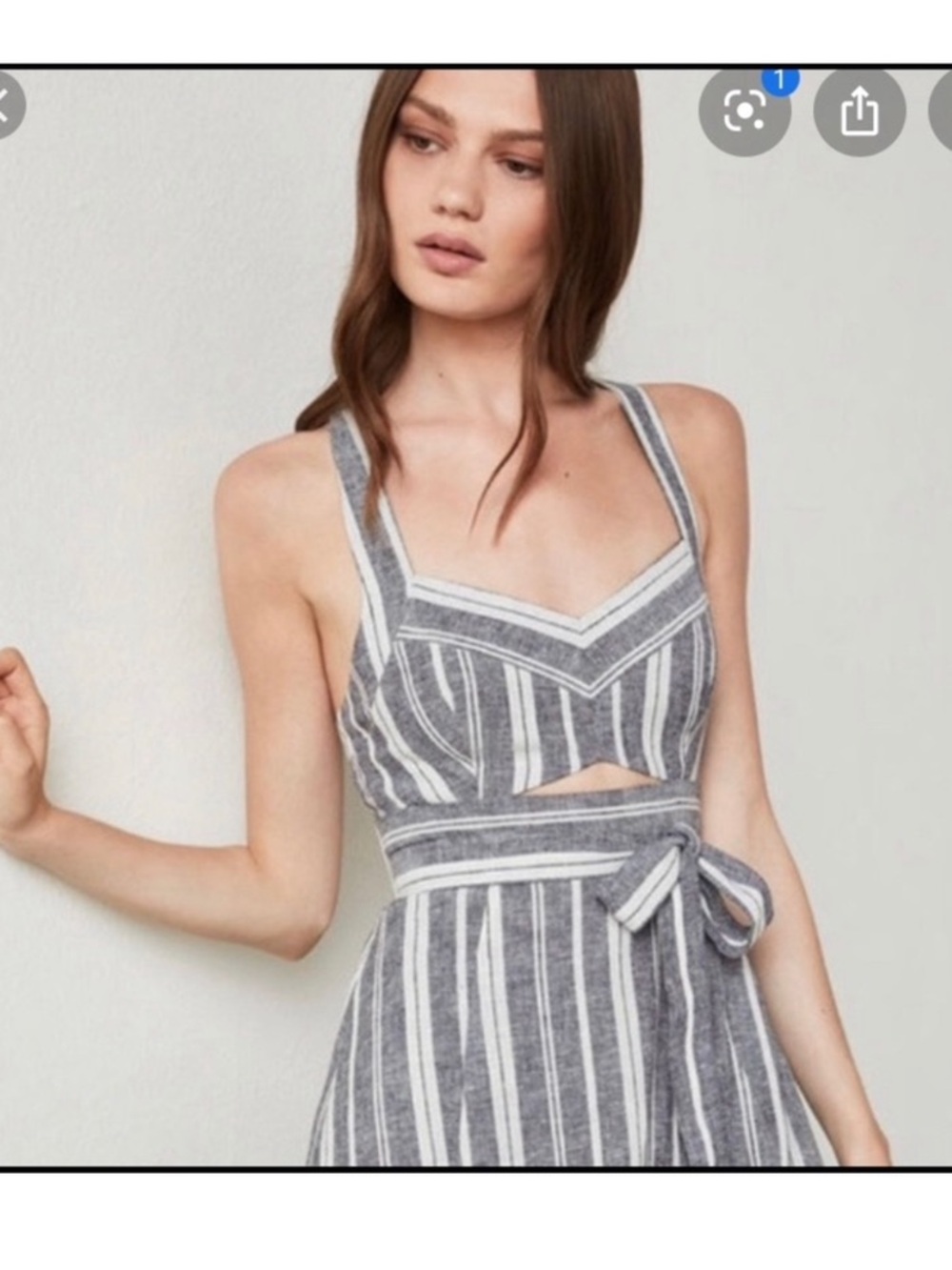 BCBGMaxAzria Gray and White Striped Cutout Midi Dress with Waist Tie - Picture 2 of 6